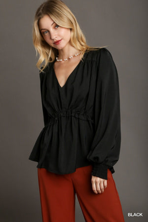 Satin V-neck Ruffle Baby Doll Top With Cuffed Long Sleeve